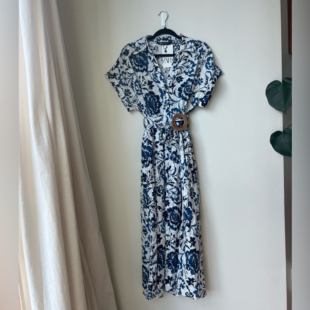 NWT ZARA White & Blue Eyelet Button-up Dress